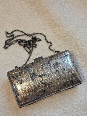 Metallic Silver Gunmetal Distressed Faux Alligator Clutch with Chain Strap